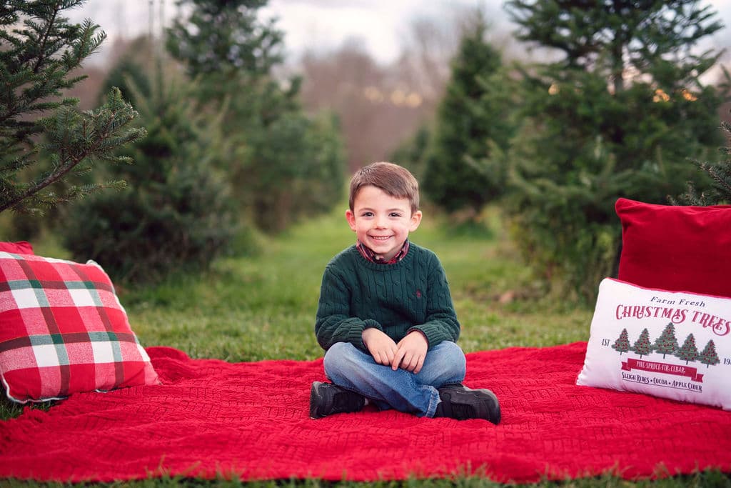 Little boy sitting on a red blanket with holiday pillows among Christmas trees
